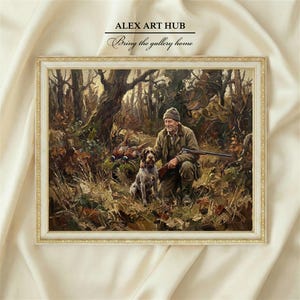 May include: A framed painting depicts a hunter with a dog in a forest setting. The hunter kneels, holding a rifle, with the dog at his side. The painting has a white frame and the text "ALEX ART HUB" and "Bring the gallery home".