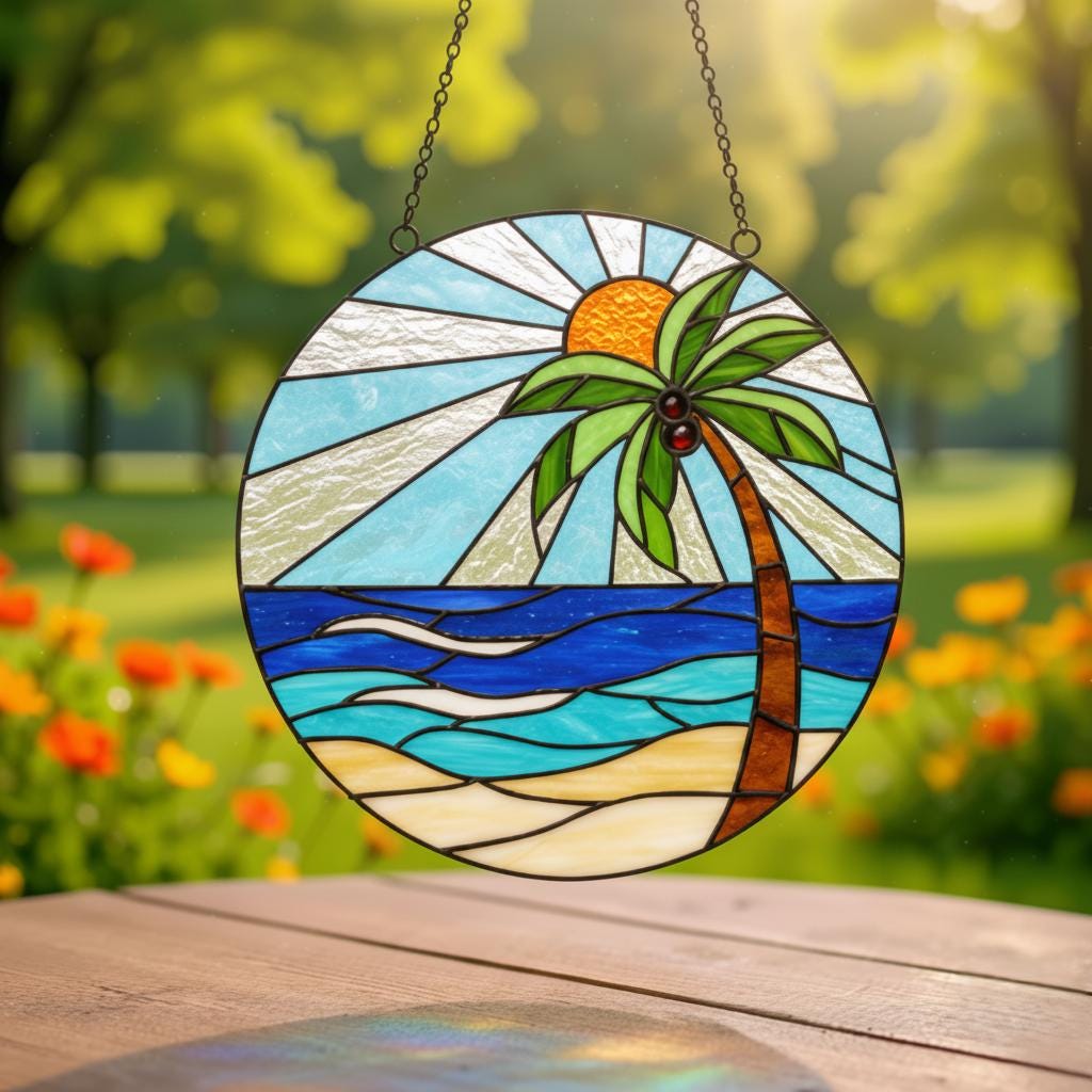Tropical Sunset Stained Glass Pattern – Beach Decor, Ocean Palm Tree ...