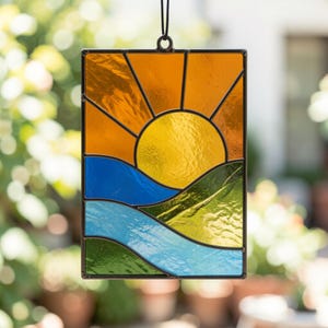 Motif de vitrail lever de soleil, modèle débutant océan montagne, PDF SVG PNG, design attrape-soleil nature