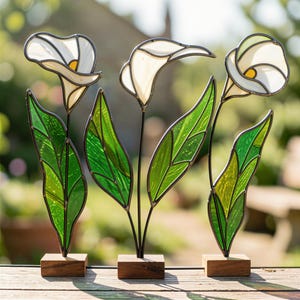 May include: Three stained glass calla lily sculptures featuring white petals with yellow centers and textured green leaves. Each flower is supported by a thin metal stem attached to a small, rectangular wooden base, creating a set of floral art.