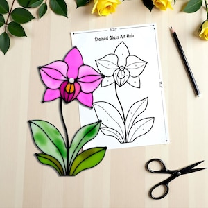 Orchid Stained Glass Pattern, Orchid Decor, Digital Floral Art, Flower Suncatcher, Stained Glass Flower, Garden Decor Gift Pdf Svg Png Jpg