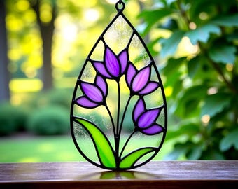Motif attrape-soleil fleur en vitrail, art du vitrail, art déco numérique en verre, ornement de printemps violet Pdf Svg Png Jpg