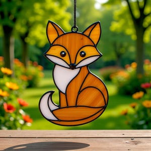 Pode incluir: Um apanhador de sol de vidro manchado em forma de raposa, com detalhes em laranja, amarelo, branco e preto. A raposa está sentada com a cauda enrolada. O apanhador de sol está pendurado em uma corda preta. O fundo é uma vista desfocada de um jardim.