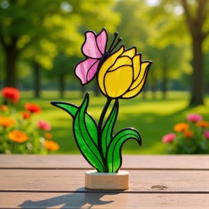 Tulip stained glass pattern, beginner flower stand template, PDF SVG PNG, spring suncatcher design