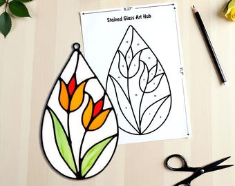 Vitrail motif attrape-soleil fleur, vitrail d&#39;art, ornement en verre, art numérique floral en verre, décoration de jardin cadeau Pdf Svg Png Jpg