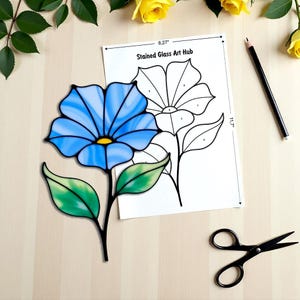 Blue Flower Stained Glass Pattern Suncatcher, Stained Glass Art, Mothers Day Gift, Digital Floral Art, Garden Decor Gift Pdf Svg Png Jpg