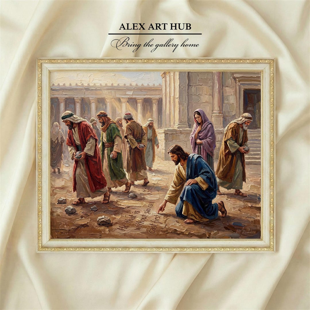 Jesus Writing on Ground Oil Painting Print, Biblical Art (digital ...