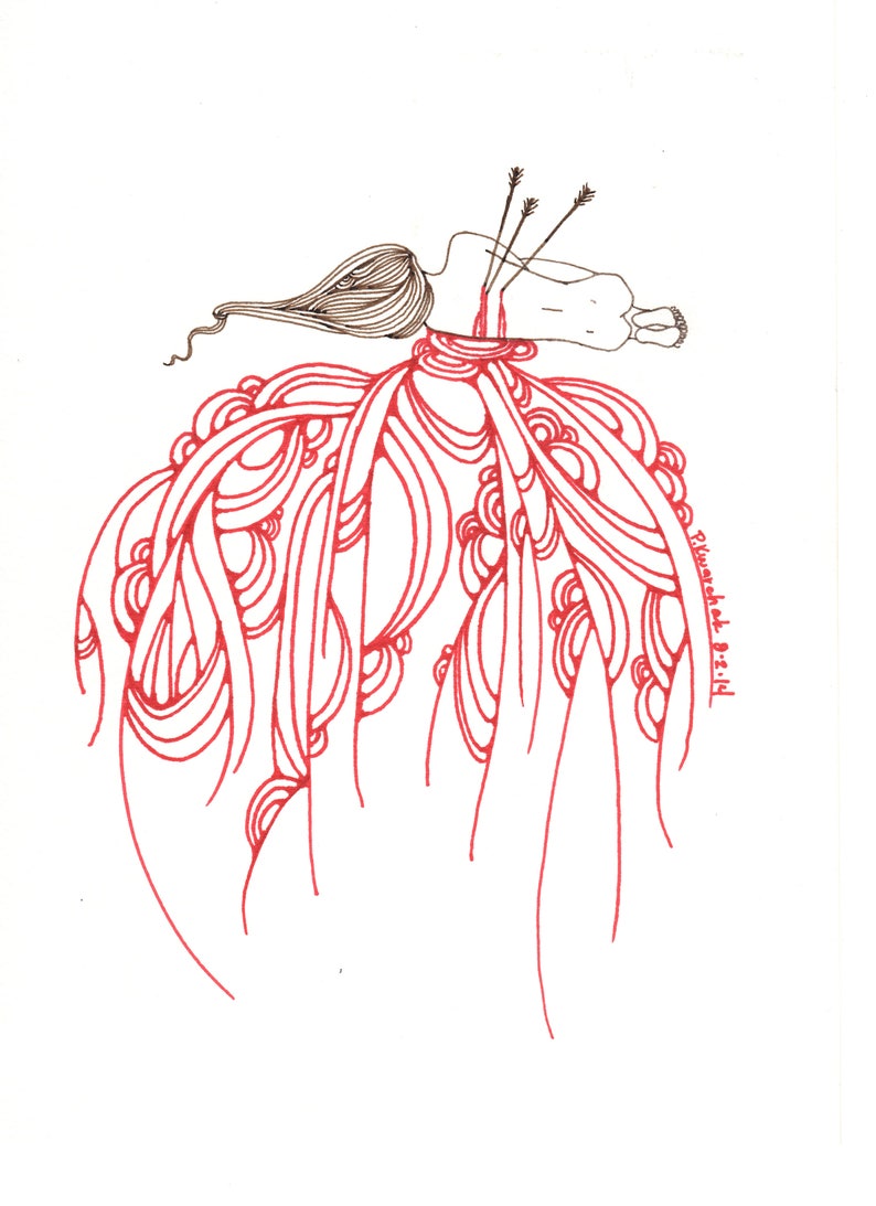 May include: A red line drawing of a woman with long hair lying on her back with three arrows piercing her. The woman is wearing a dress with a large, flowing skirt. The drawing is signed "Plunkett 8-2-14".
