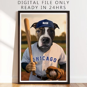 Chicago Digital Pet Portrait, Custom Baseball Theme Pet Art, Personalized Pet Gift, Pet Sympathy Art, Sports Pet Portrait