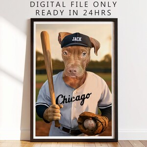 Digital Pet Portrait Baseball Theme, Chicago Pet Art, Custom Pet Lover Gift, Personalized Sports Art, Pet Sympathy Gift, Baseball Lover Gift