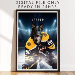 Personalized Boston Ice Hockey Team Pet Portrait: Hockey Dog or Cat in Hockey Jersey, Sports Pet Art