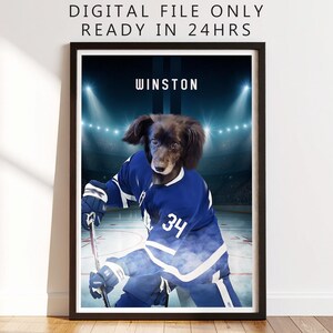 May include: Digital portrait of a dog named Winston in a blue hockey jersey with the number 34. The background shows a hockey arena with bright lights. Text at the top says "DIGITAL FILE ONLY READY IN 24HRS".