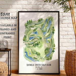 May include: A framed watercolor print of the Shingle Creek Golf Club in Orlando, Florida. The map features green fairways, blue water features, and trees. Text at the top reads "Custom Any Golf Course Map" and "Available in Framed and Unframed Print."