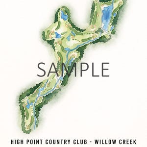 May include: Watercolor map of High Point Country Club - Willow Creek in High Point, North Carolina. The map features green fairways, blue water features, and the word "SAMPLE" in black. The course measures 7,004 yards.