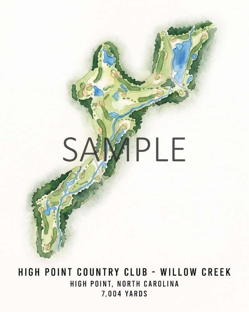 May include: Watercolor map of High Point Country Club - Willow Creek in High Point, North Carolina. The map features green fairways, blue water features, and the word "SAMPLE" in black. The course measures 7,004 yards.