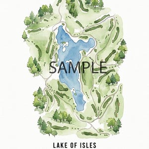 May include: Watercolor map of the Lake of Isles golf course in North Stonington, CT, featuring a blue lake, green fairways, and trees. The word "SAMPLE" is printed across the center. The date April 24, 2026 is printed at the bottom.