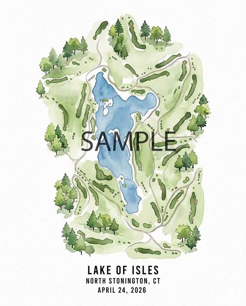 May include: Watercolor map of the Lake of Isles golf course in North Stonington, CT, featuring a blue lake, green fairways, and trees. The word "SAMPLE" is printed across the center. The date April 24, 2026 is printed at the bottom.