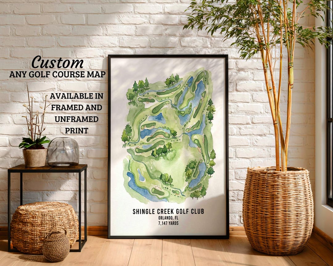 Framed Custom Golf Course Watercolor Map Print, Any Golf Course Physical Wall Art, Golfing