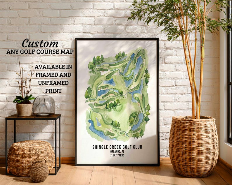 framed and unframed print of any Watercolor golf course map of Shingle Creek Golf Club in Orlando, FL. This artistic illustration features a lush green golf course layout with blue water hazards, sand bunkers, and surrounding trees. The text at the bottom identifies the location as Orlando, Florida, with a total length of 7,147 yards. Perfect for Florida golf travel, luxury resort course overviews, and sports-themed wall art.