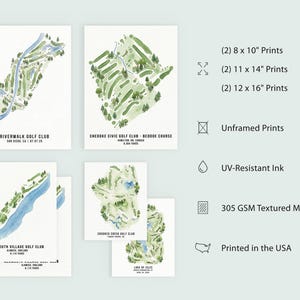 May include: Set of four watercolor golf course prints, including Riverwalk Golf Club and Chedoke Civic Golf Club. The prints are unframed, printed with UV-resistant ink, and have a 305 GSM textured matte finish. Printed in the USA.