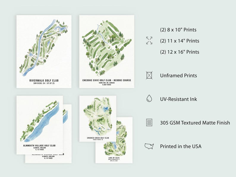 May include: Set of four watercolor golf course prints, including Riverwalk Golf Club and Chedoke Civic Golf Club. The prints are unframed, printed with UV-resistant ink, and have a 305 GSM textured matte finish. Printed in the USA.