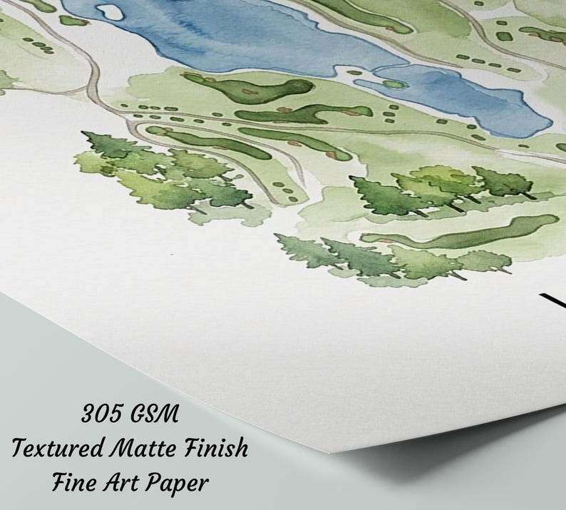 May include: Watercolor print of a golf course map, featuring a blue lake, green fairways, and trees. The print is on textured matte finish fine art paper. The paper weight is 305 GSM.