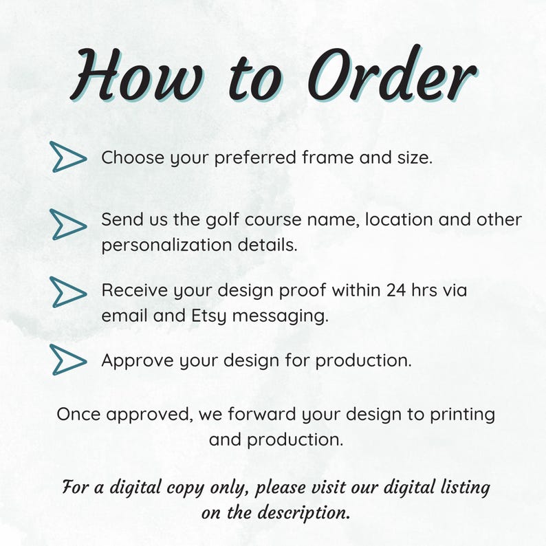 May include: Image with the text "How to Order" in a script font. Steps include choosing a frame, providing golf course details, receiving a design proof, and approving the design. A final note directs to the digital listing.