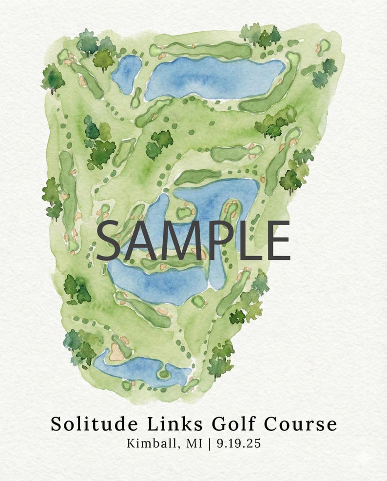 May include: Watercolor painting of a golf course layout. The course features green fairways, blue water hazards, and trees. The word "SAMPLE" is printed across the center. The text "Solitude Links Golf Course" and location details are at the bottom.