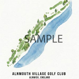 May include: Watercolor illustration of Alnmouth Village Golf Club in Alnwick, England. The map features green golf course layouts, a blue river, and trees. The word "SAMPLE" is printed across the image. The text at the bottom reads "6,115 Yards".