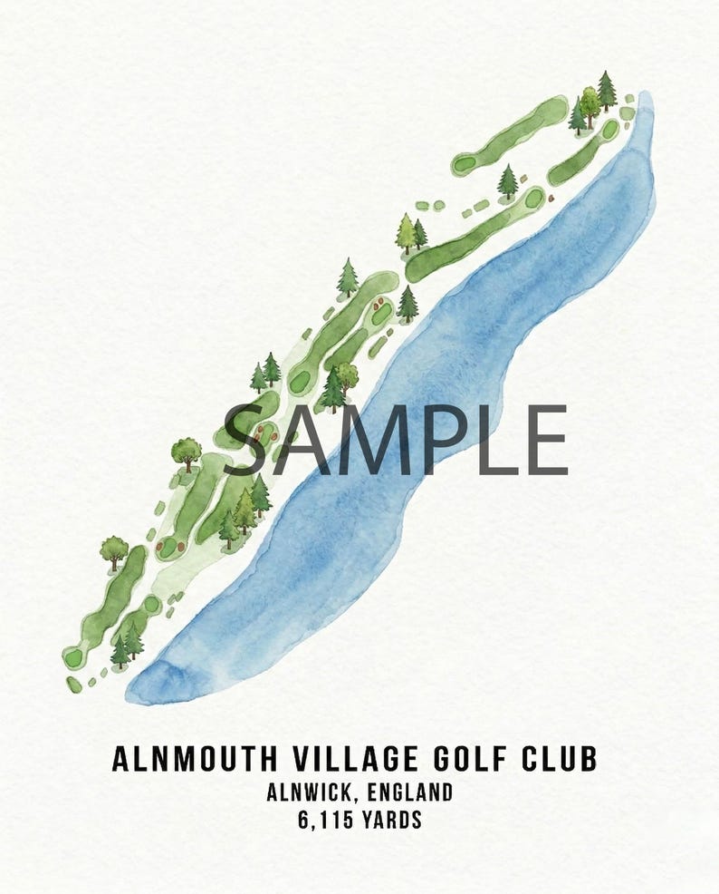 May include: Watercolor illustration of Alnmouth Village Golf Club in Alnwick, England. The map features green golf course layouts, a blue river, and trees. The word "SAMPLE" is printed across the image. The text at the bottom reads "6,115 Yards".