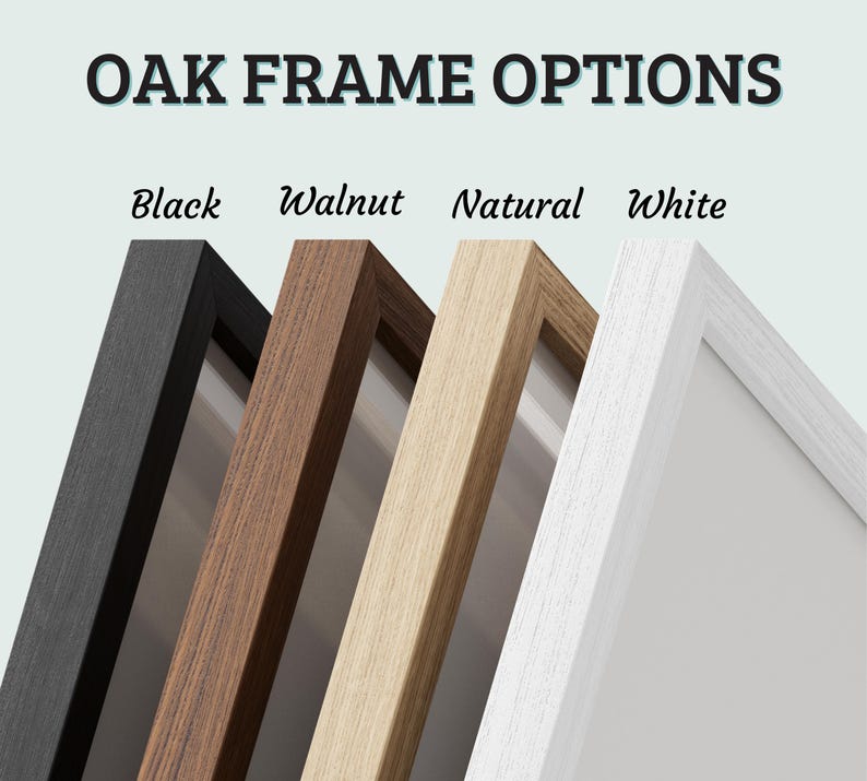 May include: Image showcasing oak frame options in black, walnut, natural, and white. The text "OAK FRAME OPTIONS" is at the top, with the color names below each frame. The frames are angled, displaying the different wood tones and finishes.