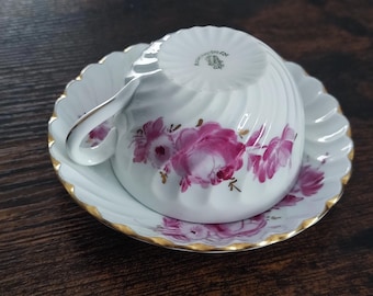 Conjunto de xícara e pires de porcelana Nymphenburg, pintado à mão com motivos florais, porcelana alemã vintage, xícara de chá colecionável, meados do século XX (décadas de 1950 e 1960).