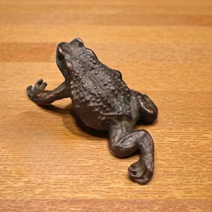 Peut inclure: Figurine de grenouille marron foncé avec un effet de peau texturé et bosselé. La grenouille est posée en position de ramper, avec ses pattes avant tendues et ses pattes arrière recourbées. La figurine est en matériau solide et repose sur une surface en bois.