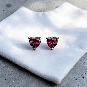 9K Yellow Gold Genuine Rhodolite Garnet Earrings, Heart Shape Rhodolite Gold Stud Earrings, Women Gold Earrings, Women Birthstone Earrings