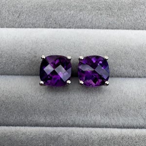 Genuine Amethyst Stud Earrings, Natural Amethyst Cushion Studs, February Birthstone Earrings, Purple Gemstones Stud Earrings, Gift For Her
