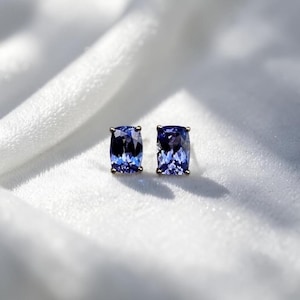 9K Yellow Gold Tanzanite Stud Earrings, December Birthstone Tanzanite Earrings, Cushion Shape Tanzanite Yellow Gold Jewelry Earrings Gift