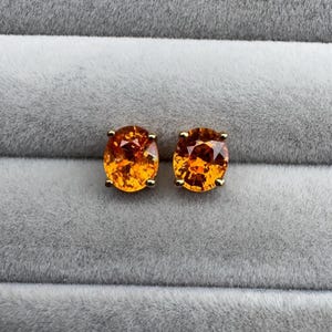 9K Yellow Gold Spessartite Garnet Stud Earrings, Genuine Spessartite Garnet Oval Stud Earrings, Orange Gold Earring, Orange Earrings for Her