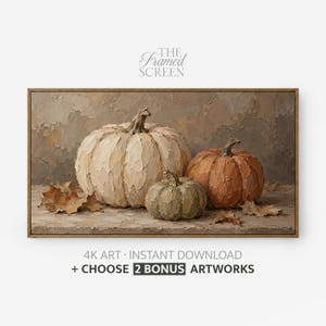 Neutral Pumpkin Frame TV Art, Rustic Fall Decor, Impasto Style, 4K Digital Download