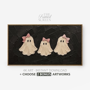 May include: A rectangular framed digital artwork featuring three cream-coloured ghosts with textured impasto-style paint effects, each wearing a small pink bow, set against a dark black background. Text reads THE FRAMED SCREEN 4K ART INSTANT DOWNLOAD + CHOOSE 2 BONUS ARTWORKS.
