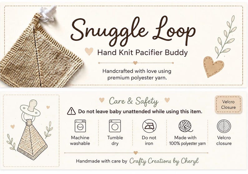 May include: A beige hand knit pacifier buddy with a triangular shape and a white pacifier attached. The text reads Snuggle Loop Hand Knit Pacifier Buddy, Care & Safety, Do not leave baby unattended while using this item, and Velcro Closure.
