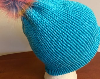 Turquoise beanie with faux fur beanie