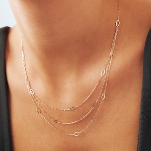 Multi Layer Oval Station Gold Necklace - 14K Solid Gold Layering Necklace - 14K Real Gold Necklace Set - Layered Necklace Set - Gift for Her