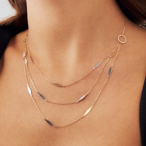 Triple Layer Oval Station Necklace - 14K Solid Gold Plated Necklace - Real Gold Necklace Set - Multi Layer Necklace - Layering Set Necklace