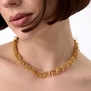 14K Real Gold Fringe Choker Necklace - Bridal Drop Choker Necklace - Gold Chain Tassel Necklace - Dainty Layering Necklace - Gift for Her