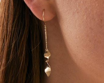 Solid Gold Double Spiral Drop Earring - 14K Solid Gold Dangle Earrings - Fine Handmade Jewelry - Chain Earrings - Long Minimalist Earrings