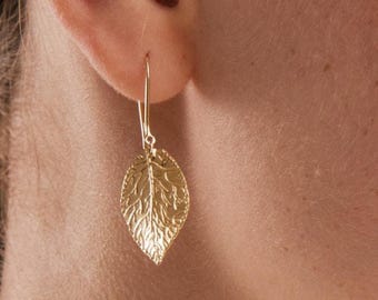 14K Solid Gold Dangle Leaf Earrings • Hook Dangle Earrings • Dainty Drop Leaf Earrings • Gold Earrings • Jewelry for Women • Gift for Her