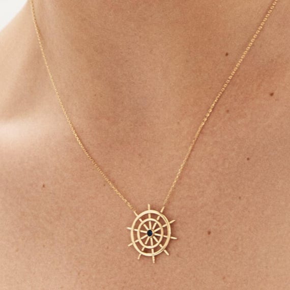 14k Gold Nautical Ship Wheel Pendant Ship Wheel Necklace