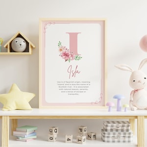 May include: A pink and white printable nursery art print with a large pink letter I and the name Isla. The print includes a floral design and a definition of the name Isla, which is of Spanish origin and means "island".