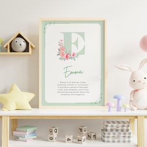 May include: A green and white printable nursery art print with a floral design and the letter E. The name Emma is written below the letter. The text below the name explains the meaning of the name Emma.