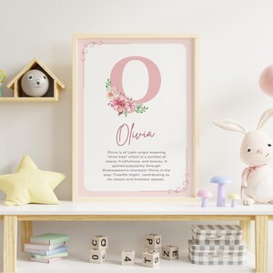 May include: A pink and white printable nursery art print with the letter O decorated with pink flowers and the name Olivia. The print includes the meaning of the name Olivia, which is of Latin origin and means "olive tree".